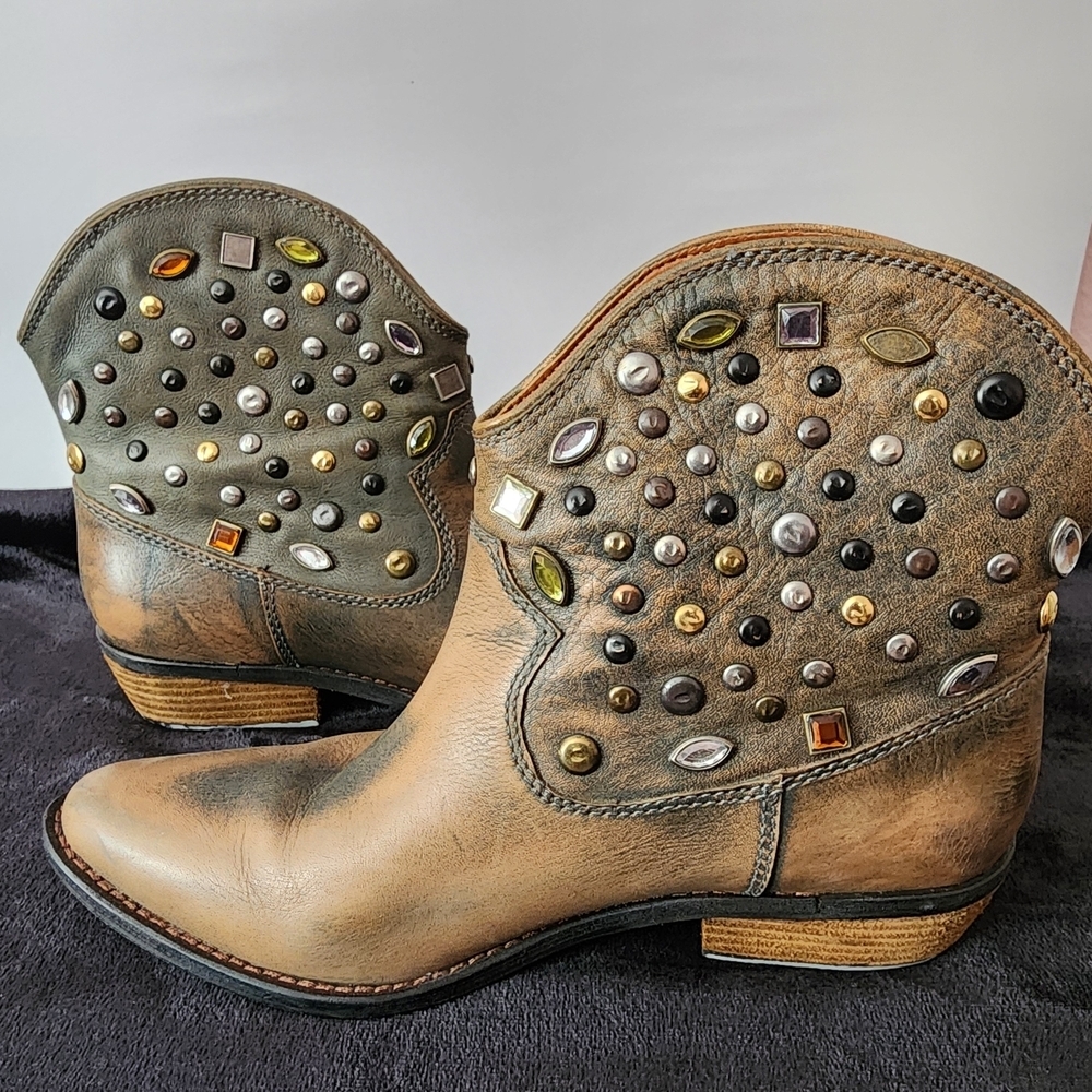 Embellished Leather Ankle Boots - Brown and Gray - Picture 4 of 9